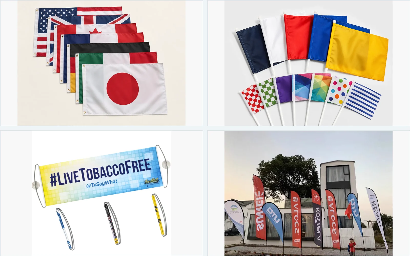 Flags — National flags, event flags, table flags, blade flags, and advertising flags with custom size and artwork